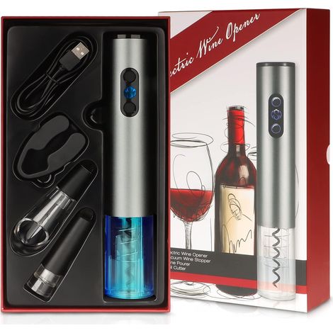 Rechargeable Electric Corkscrew, Gift Set with Automatic Bottle Opener, Foil Cutter, Wine Aerator, Wine Stopper (1/5)