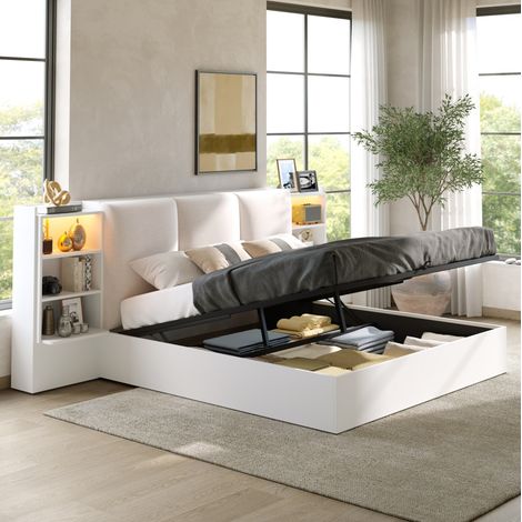 Cama canapé 180x200 con cabecero tapizado, 6 nichos de almacenaje, LED, blanca DESVIAE (1/5)