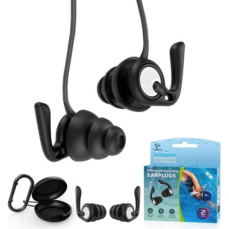 Bouchons d’oreilles de natation, 2 Paires bouchons étanches réutilisables en silicone avec cordon et étui pour piscine, douche, bain, surf, sports nautiques, confort adultes, ados, enfants 8+ (1/5)