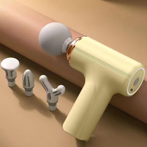 Pistola de masaje, mini masajeador muscular con 6 velocidades, masajeador de relajación de tejido profundo con 4 cabezales para cuerpo, cuello, espalda, brazos, hombros, piernas (amarillo) (1/3)