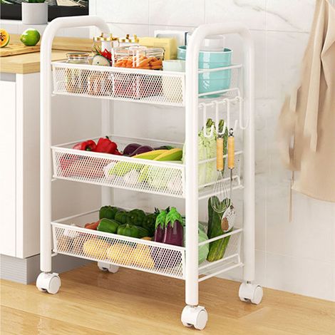Chariot de rangement à roulettes, étagères de rangement à plusieurs niveaux, paniers à légumes et collations multifonctionnels et mobiles, étagères de cuisine blanches à trois niveaux (1/5)