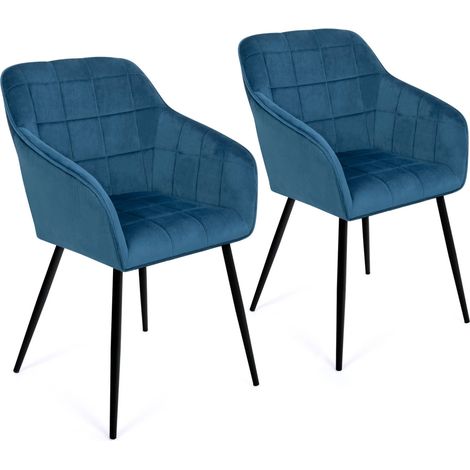 Idmarket – Lot de 2 chaises de salle à manger MADY – Fauteuils en velours bleu canard – Dossier haut avec accoudoirs – Pieds en métal noir mat