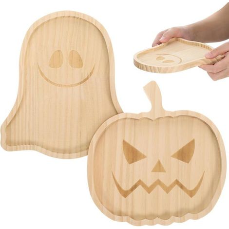Lot de 2 plateaux de décoration d'Halloween en bois avec citrouille fantôme ou décoration de table festive (1/5)