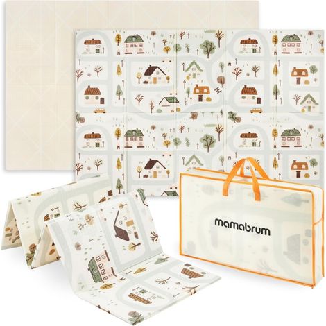 Doppelseitige, faltbare Schaumstoff-Fußmatte 180 x 120 x 1 cm – Charmantes Dorf/Sandbeige