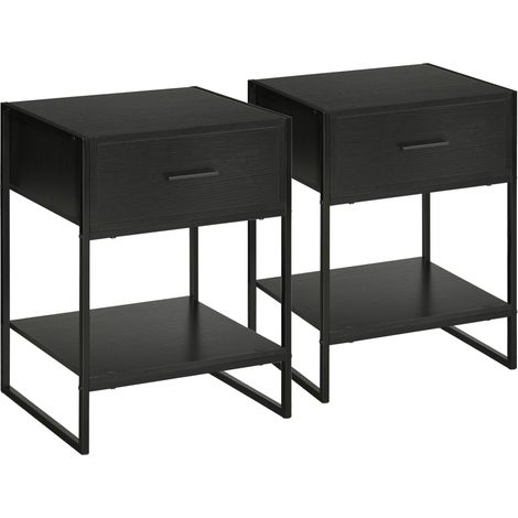Set 2 Comodini 1 Cassetto 1 Ripiano 45x40x60 cm in Acciaio e Truciolato Nero (1/5)
