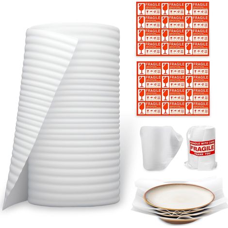 Umzugsschaumstoffplatten, Luftpolsterfolie, Umzugskartonplatten, Schaumstofffolie, Luftpolsterfolie mit Etiketten für Geschirr, Teller, Gläser, Verpackung (30 cm x 10 m / Rolle) (1/5)