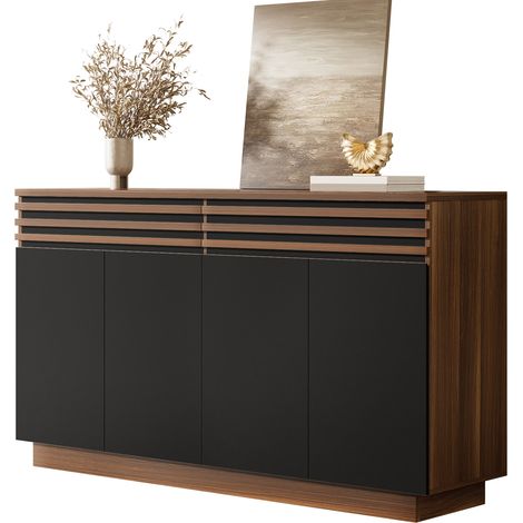 Buffet design 150x40x85 cm, finition bois brun avec portes noires, 2 tiroirs + 4 portes, grand espace de rangement pour salon, salle à manger ou cuisine