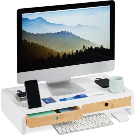 Support Moniteur - En Bambou Et MDF - 2 Tiroirs Et 9 Compartiments - Ergonomique Pour Bureau Maison - Blanc - 11x58.5x32.5 Cm (1/5)