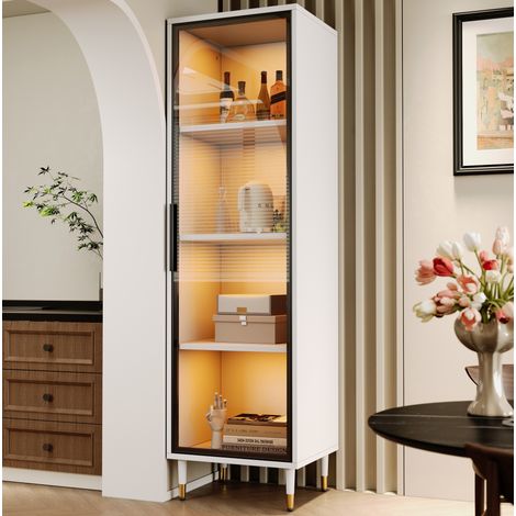 Vitrina de aglomerado blanco con vidrio templado ahumado y LED, 40 x 40 x 170 cm, puerta reversible (1/5)