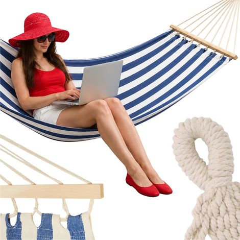 Grande amaca da giardino per turisti, 220x160 cm, stile boho a righe, in cotone, resistente, sedia a sdraio (1/5)
