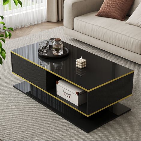 CHICFURN Mesa de centro LED 100x50x40 cm en aglomerado negro y dorado con 3 cajones (1/5)
