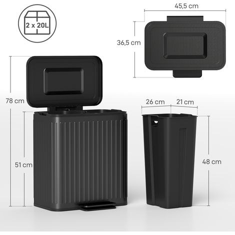 Poubelle de cuisine, 2 compartiments de 20 L, tri sélectif efficace, pédale, plastique et métal, noire (1/5)