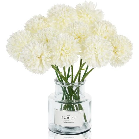 Bouquet de chrysanthèmes artificiels en forme de boule, composé de 12 tiges, avec des fleurs blanches en soie. Idéal pour la décoration de la maison, du jardin ou d'une fête de mariage.-AquaForge (1/5)