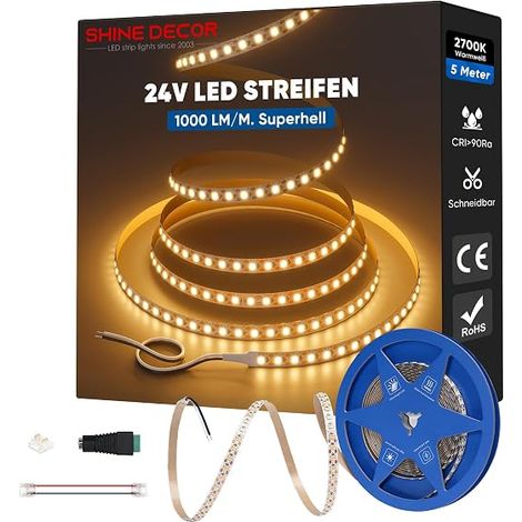 Ruban LED 24V 10W/m 1000LM/m Haut CRI 90+ 2700K Blanc Chaud 5m/16,4ft Bande Lumineuse LED pour Sous-Meuble Cuisine Plafond Projet DIY Alimentation non incluse (1/5)