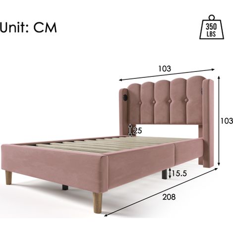 Polsterbett Einzelbett mit USB Type C Charge function, Bettgestell mit Lattenrost, lit rembourré en rose, 90 x 200 cm Bettframe Jugendbett für Schlafzimmer Gästezimmer-Velvet (1/4)