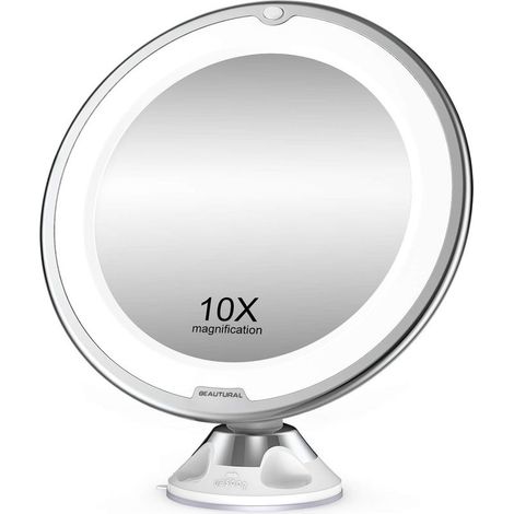 Grossissant Miroir Maquillage 10x avec Lumières LED 1 Joint à Bille d'attache Ajustable à 360° Miroir Cosmétique Portable, pour Salle de Bain, Voyage (1/5)