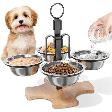 Gamelle Chat, Gamelles Surélevées avec 4 Ø14 Cm Gamelles en Acier Inoxydable, 3 Hauteurs Réglables, Gamelle Chat Surélevée avec Support Et Base Antidérapante, Chien pour Chats Et Chiens (1/5)