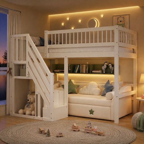 Lit mezzanine 140 x 200 cm en bois blanc avec escalier de rangement et garde-corps (1/5)