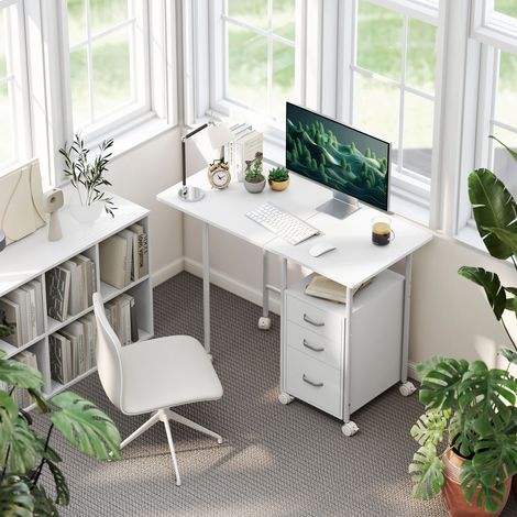Bureau d'ordinateur pliable sur roulettes, bureau avec rangement, 3 tiroirs, plateau extensible, blanc, 105x51x75,5cm