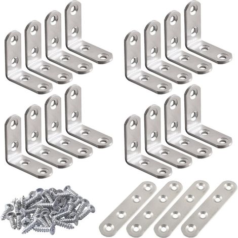 20 Eckverbinder aus Edelstahl, 16 L-förmige Winkel (40 x 40 mm, 90°-Winkel) und 4 Plattenwinkel zur Befestigung an Tisch und Stuhl mit Holzrahmen, inklusive 80 Schrauben
