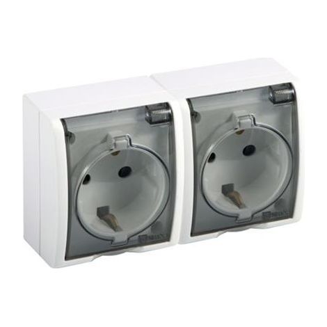 Base doppia superficie schuko 2p+t 16a 250v ip54 bianca con copertura trasparente
