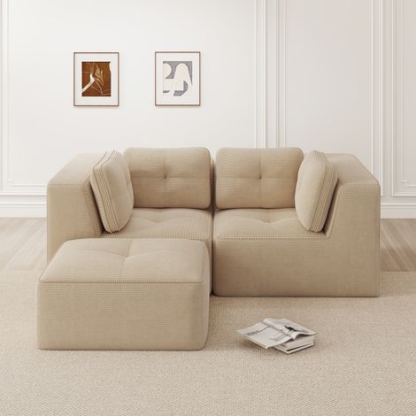 Canapé d’angle modulaire L deux places sans cadre,repose-pieds mobile. Tissu velours côtelé confortable pour salon et chambre,beige. (1/5)