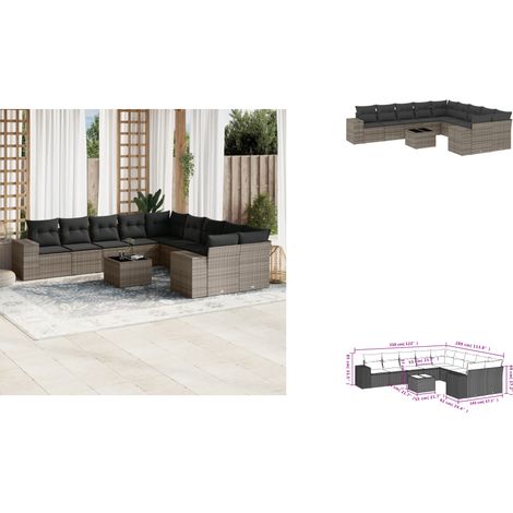 11-tlg. Garten-Sofagarnitur mit Kissen Grau Poly Rattan - Gartenmöbel Set - PE-Rattan Möbel - Outdoor Lounge - Esstisch - Sofasatz (1/2)