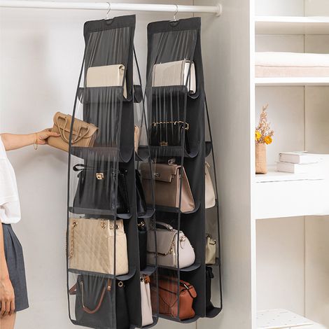 Zweiteiliger Hänge-Handtaschenorganizer mit 8 Fächern, transparenter Aufbewahrungsbeutel zum Aufhängen, Organizer-Tasche, platzsparender Kleiderschrank-/Schrankorganizer (schwarz).