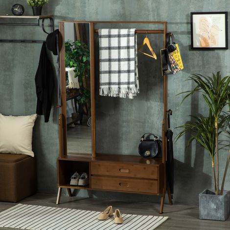 HOMCOM Garderobe aus Bambus mit Sitzbank, Spiegel, 2 Schubladen, 4 Haken, Kleiderstange und Ablagefach, 113 x 33 x 169,5 cm, Braun (1/5)