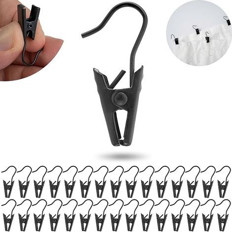 Pinces à Rideau avec Crochet, 30 pièces, en Couleur Noir, Crochets avec Pince Polyvalents pour Rideaux de Douche et de fenêtre, Supports de guirlandes Lumineuses, Attaches décoratives, Clip Rideau (1/5)