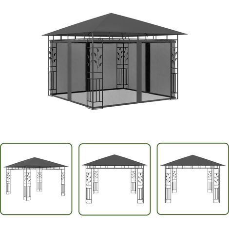 The Living Store Belvédère avec moustiquaire 3x3x2,73 m Anthracite 180 g/m² - Abri Jardin - Auvent Pliable - Gazebo - Parasol - Protection Solaire (1/5)
