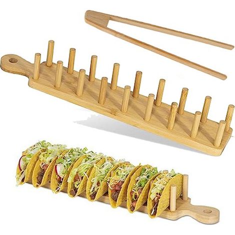 Porta taco, tagliere per tapas, vassoio da portata per tapas, supporto per tortilla in legno con morsetti, vassoio per tortilla, supporto per tortilla in bambù per 8 tortilla (1/5)