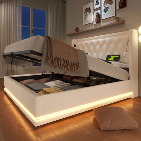Lit coffre 180x200 cm en PU blanc avec LED 3 côtés, tête de lit capitonnée et ports USB/Type-C (1/5)