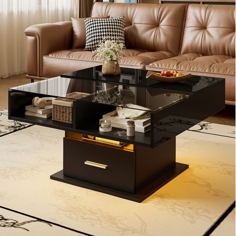 Table basse relevable 78x78 cm noire en panneau de particules avec LED, rangement et hauteur réglable (1/5)