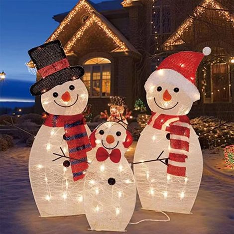 Adornos navideños para jardín, un conjunto de 3 muñecos de nieve preensamblados con luces LED de colores cálidos. (1/4)
