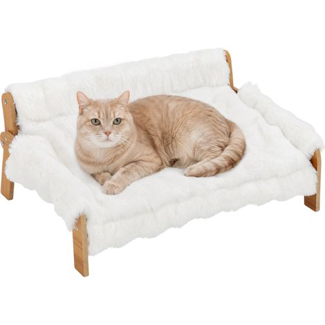 Canapé pour Chien Chat Lit Surélevé en Bois, Coussin Amovible en Peluche, Pieds Antidérapants, 70 x 47 x 30 cm, Blanc (1/5)