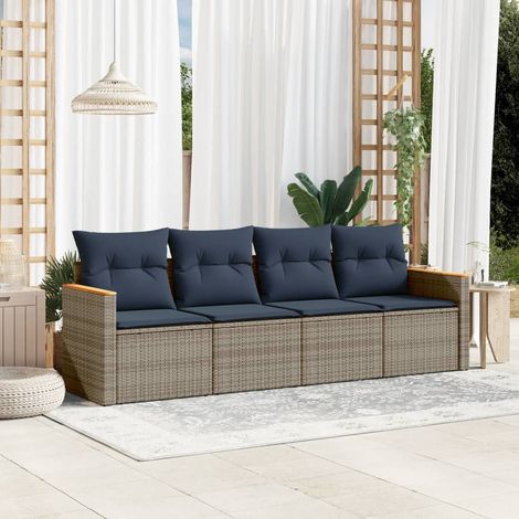 Ensemble de canapé de jardin 4 pièces avec coussins, gris, polyrotin (1/5)