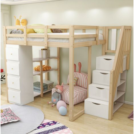 Letto a soppalco 140x200 cm in legno naturale e bianco, con 4 cassetti, scaffali e scala portaoggetti (1/5)