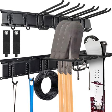 Étagère de rangement murale pour outils de jardin - 80 à 160 cm - Support d'outils de jardin avec rails, crochets réglables pour outils de jardin (80 cm, 2 rails et 6 crochets) (1/5)