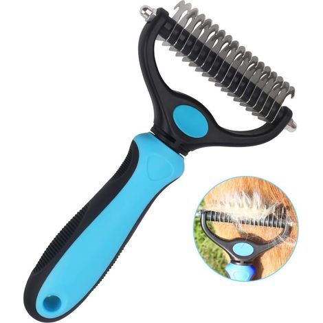 Peigne de toilettage pour Animaux dômestiques, rateau de démêlage, Peigne pour Chien et Chat, pour enlever Les sous-Poils Mobiles (Bleu/Double Face)- (1/5)