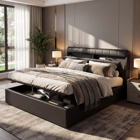 Stylish Black King Size Upholstered Bed 150x200cm with Hydraulic Storage and Concealed Headboard,No Mattress Included