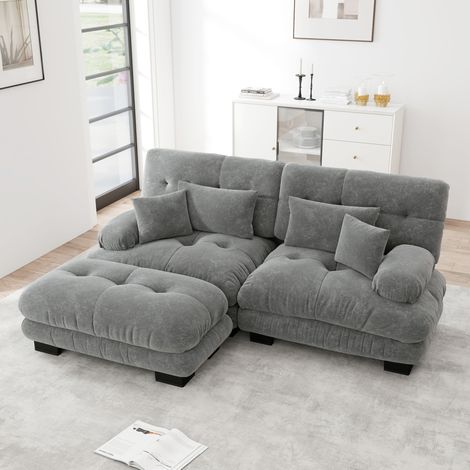 Canapé d'angle modulable en tissu gris 220 x 145 x 81 cm avec ottoman mobile, 2 coussins lombaires et 2 coussins décoratifs, assise profonde – de FLORAGRACE (1/5)