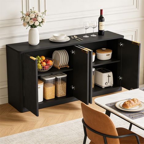 Buffet bas de salon, 150x40x70.5 cm, meuble de rangement moderne avec 4 portes ondulées, en bois MDF buffet de cuisine, Noir (1/5)