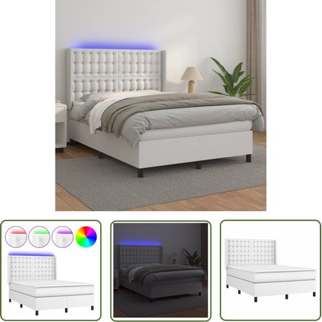 The Living Store Sommier à lattes de lit matelas LED Blanc 140x200 cm Similicuir - Lit Plateforme - Lit Design - Lit Moderne - Lit Avec Rangement - Tête De Lit Ajustable (1/5)