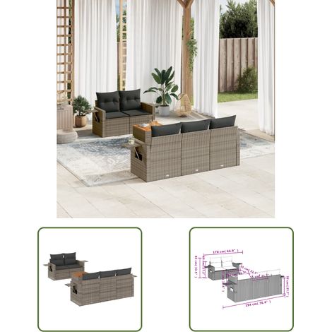 The Living Store Salon de jardin 6 pcs avec coussins gris résine tressée - Ensemble Salon De Jardin - Meubles De Jardin - Salon Extérieur - Mobilier De Jardin - Chaise Lounge