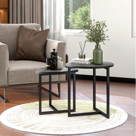 Ensemble de 2 tables basses rondes en bois avec plateau en forme de cœur - Design industriel noir mat (1/5)