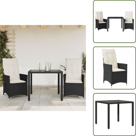 The Living Store Ensemble de bistro 3 pcs avec coussins noir résine tressée - Meubles De Jardin - Salon De Jardin - Mobilier De Jardin - Set De Bistrot - Chaises Pliantes (1/5)