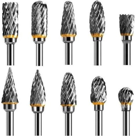 Jeu de Fraises Rotatives Acier Carbure de Tungstène Double Tranchant pour Outil rotatif, 10 pièces Tige 1/8” pour Outil Rotatif pour Bricolage, Sculpture sur bois, Polissage métaux, Gravure (1/5)