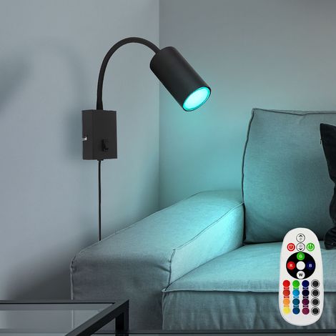 LED Wandleuchte dimmbar mit Fernbedienung Schlafzimmerlampe mit Stecker  Leselampe, RGB Farbwechsel, flexibel, Schalter, Metall schwarz, 3,5W 290lm warmweiß, LxBxH 32x7x44 cm