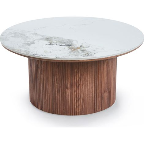 Table basse moderne ronde 80cm Eglantine Bois et Céramique Effet marbre Blanc (1/5)